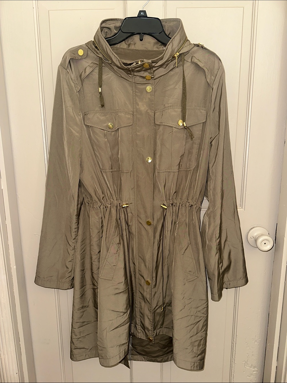 Badgley Mischka Olive Green Gold Hardware Hooded Trench Anorak Jacket XL